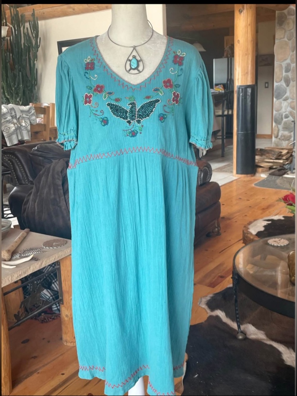 Double D Ranch boho Dress Embroidered beaded eagle floral design L EUC
